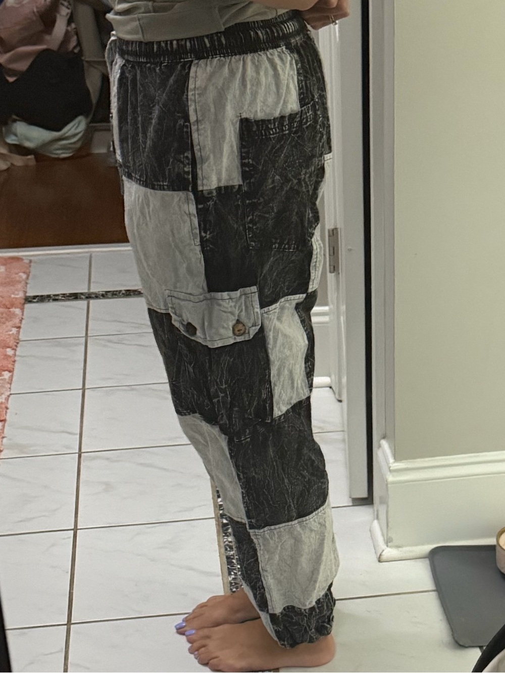 Rising International Patchwork Cargo Jogger Pants Black White Acid Wash M - Picture 8 of 9